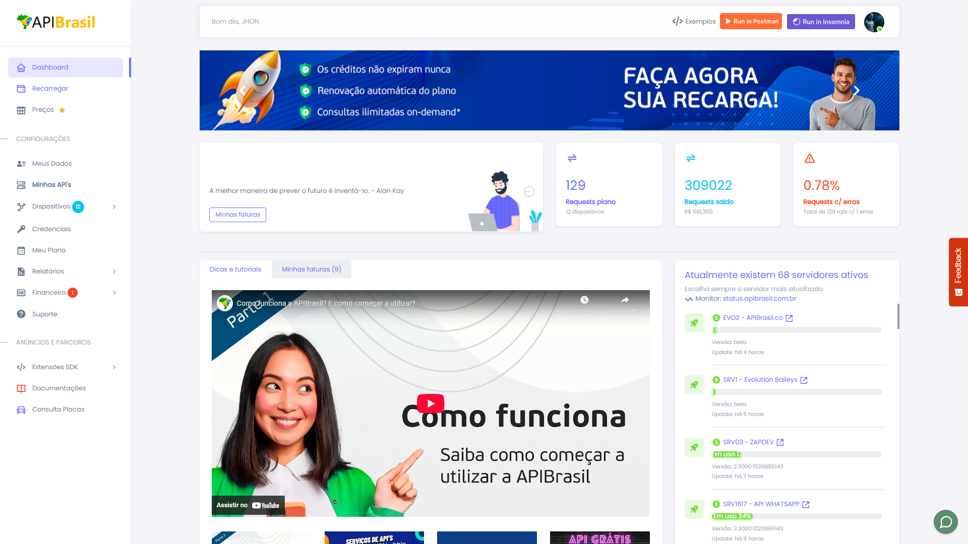 Dashboard APIBrasil - Interface completa de gerenciamento de APIs em tempo real com métricas, consumo e controle de dispositivos
